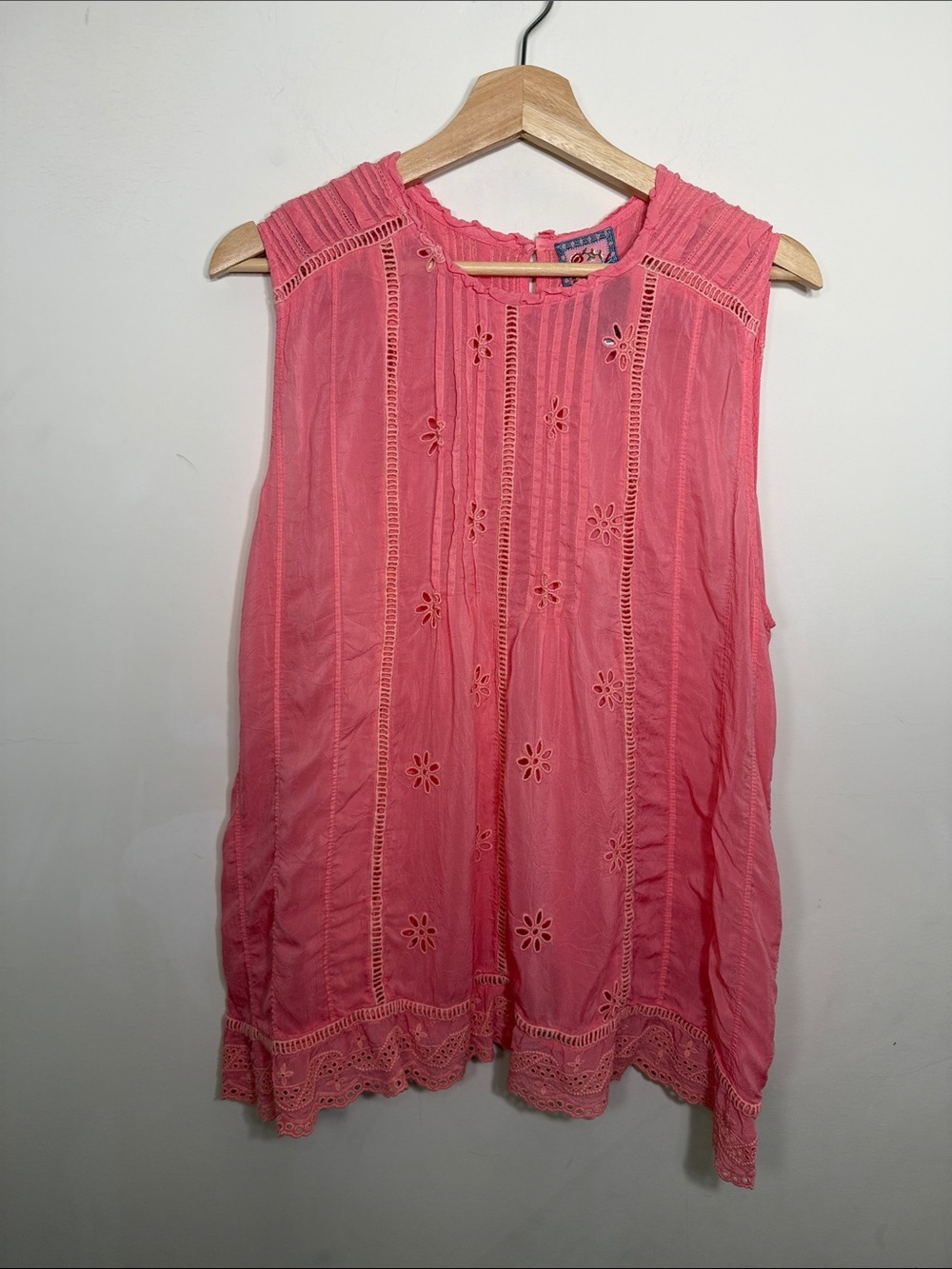 JOHNNY WAS NIA PINK SLEEVELESS PIN-TUCKED  EYELET SZ XL